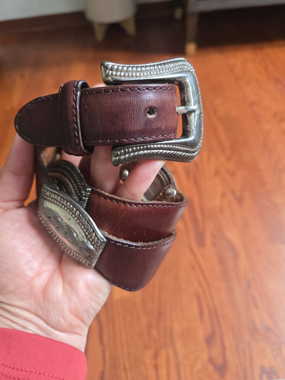 VTG 90s Fossil Womens Brown Leather Western Concho Belt Silver Buckle Size M Boh